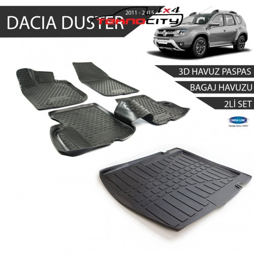 Dacia Duster 3D Havuz Paspas + 3D Bagaj Havuzu 2li Set Siyah 2011-2015